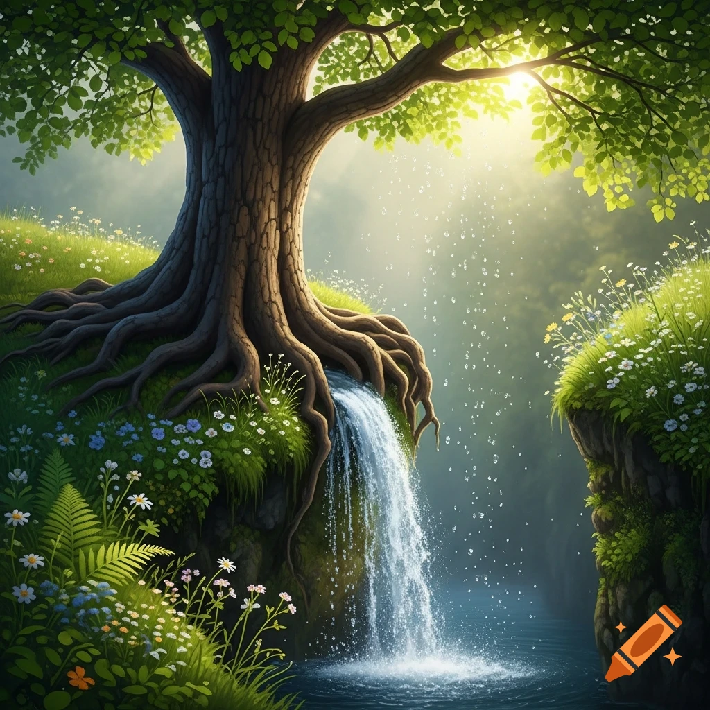 A majestic tree with exposed roots at the edge of a grassy cliff, with a waterfall flowing into a stream below under bright sunlight.