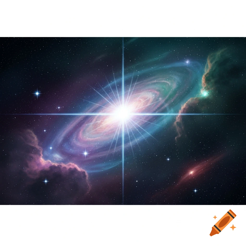 Vibrant cosmic scene with a bright, luminous pulsar at its center, surrounded by a swirling galaxy and colorful nebulae in deep space.