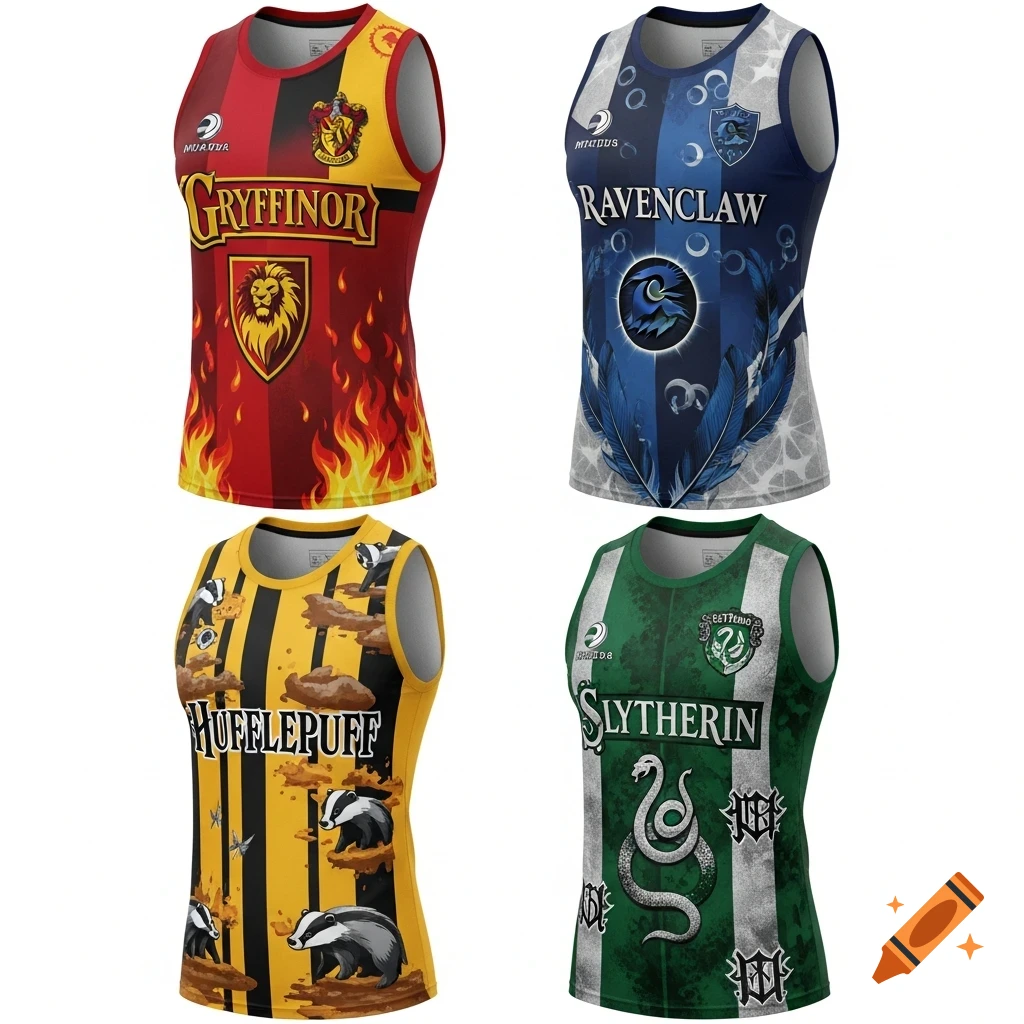 Four colorful sleeveless sports shirts, each designed with a Harry Potter house theme: Gryffindor, Ravenclaw, Hufflepuff, and Slytherin.