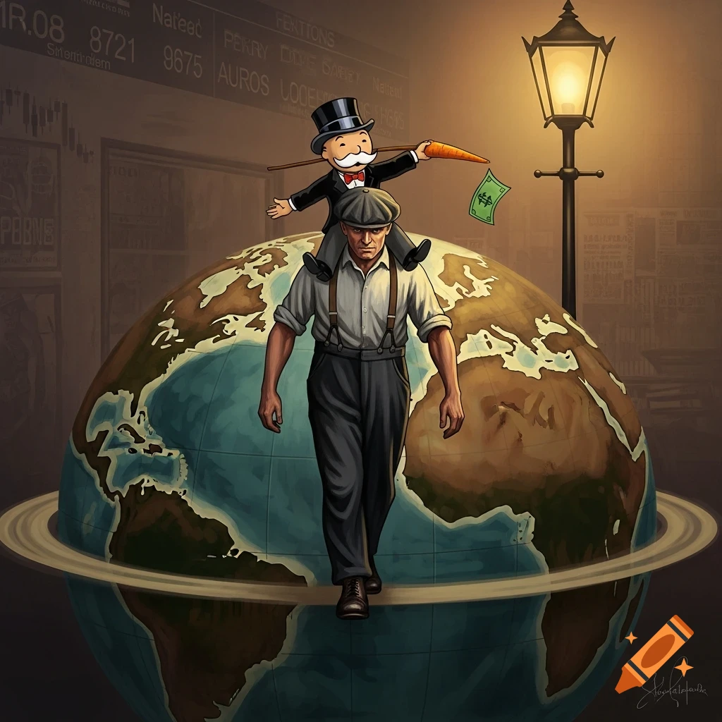 An illustration of a 1920s worker carrying the Monopoly man on his shoulders, walking on a globe. The Monopoly man dangles a carrot and money.
