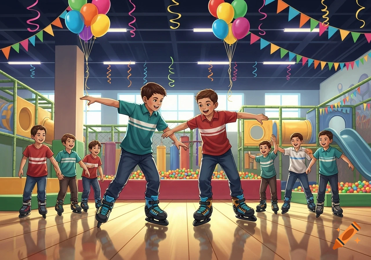 Several boys roller skating and playing in a vibrant indoor playground decorated with balloons and banners for a birthday party. Two boys in the foreground hold hands while skating.