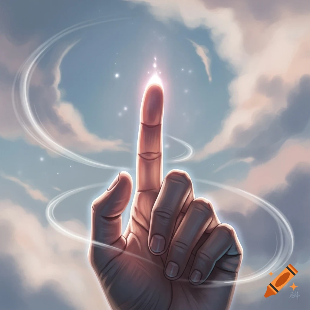 A stylized digital painting of a hand pointing up to a glowing fingertip against a cloudy sky with ethereal rings.