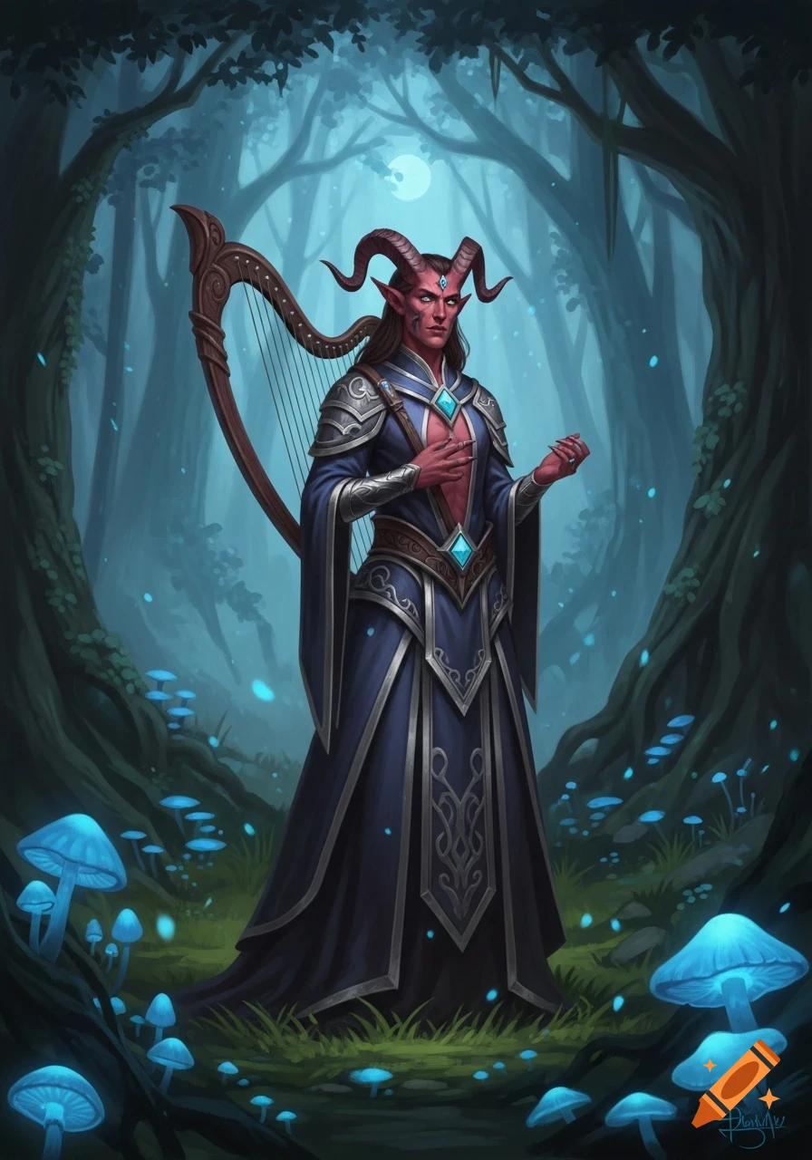 A red-skinned tiefling with horns and dark hair, wearing a blue robe and armor, stands in a magical forest with a harp and glowing blue mushrooms.