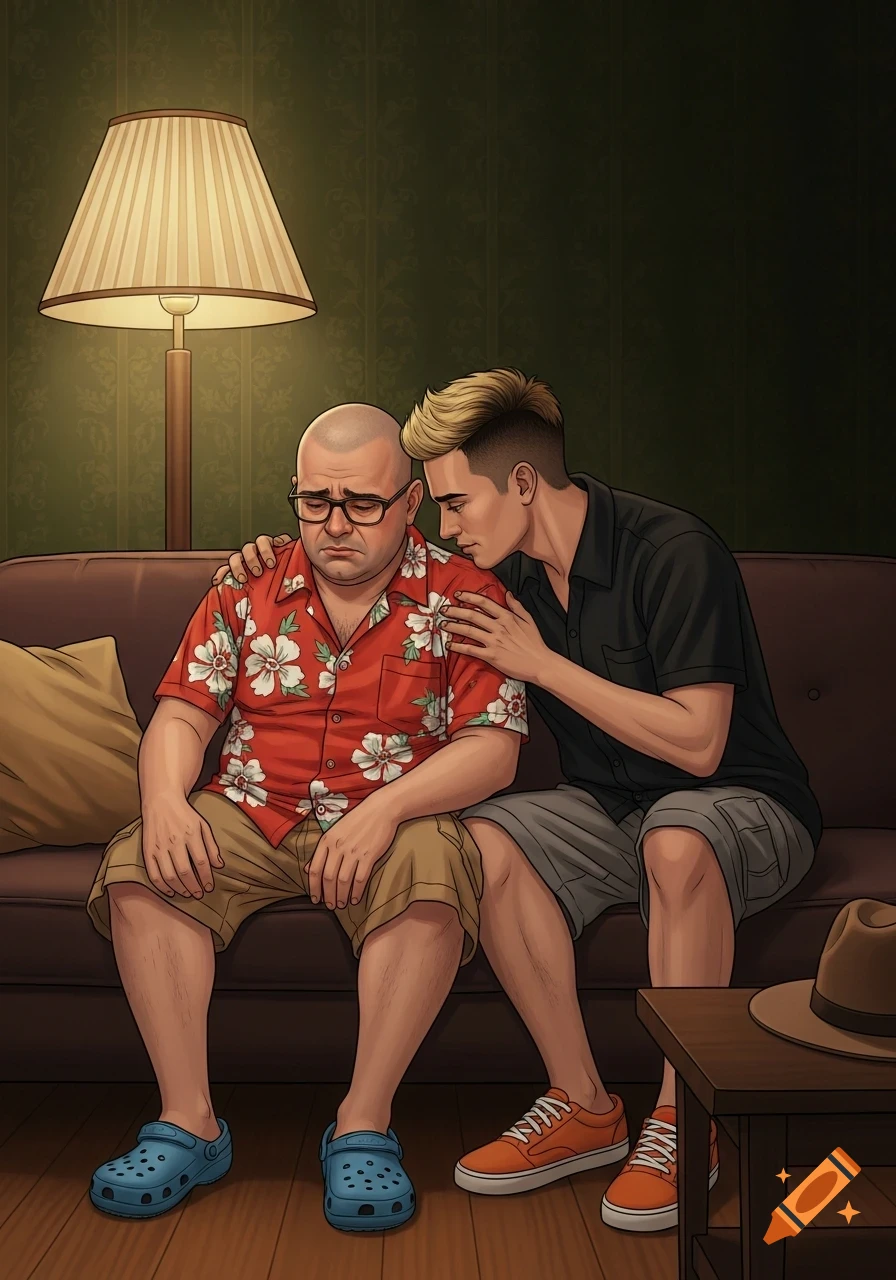 An illustration of a bald, glasses-wearing man in a Hawaiian shirt crying on a couch as a younger man with blond hair consoles him.