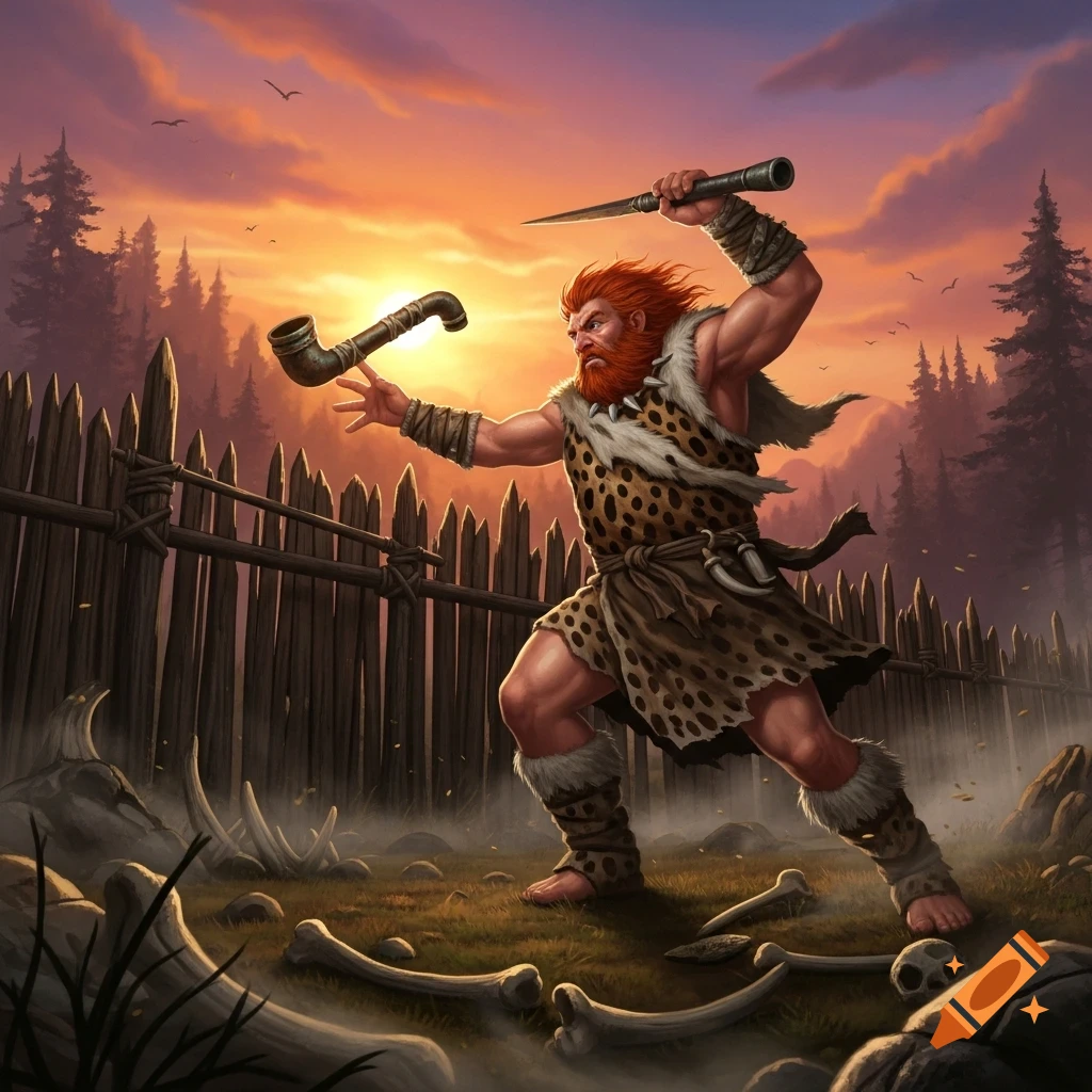 Red-haired caveman in animal print throws a glowing pipe over a wooden fence at sunset. Fantasy art style.
