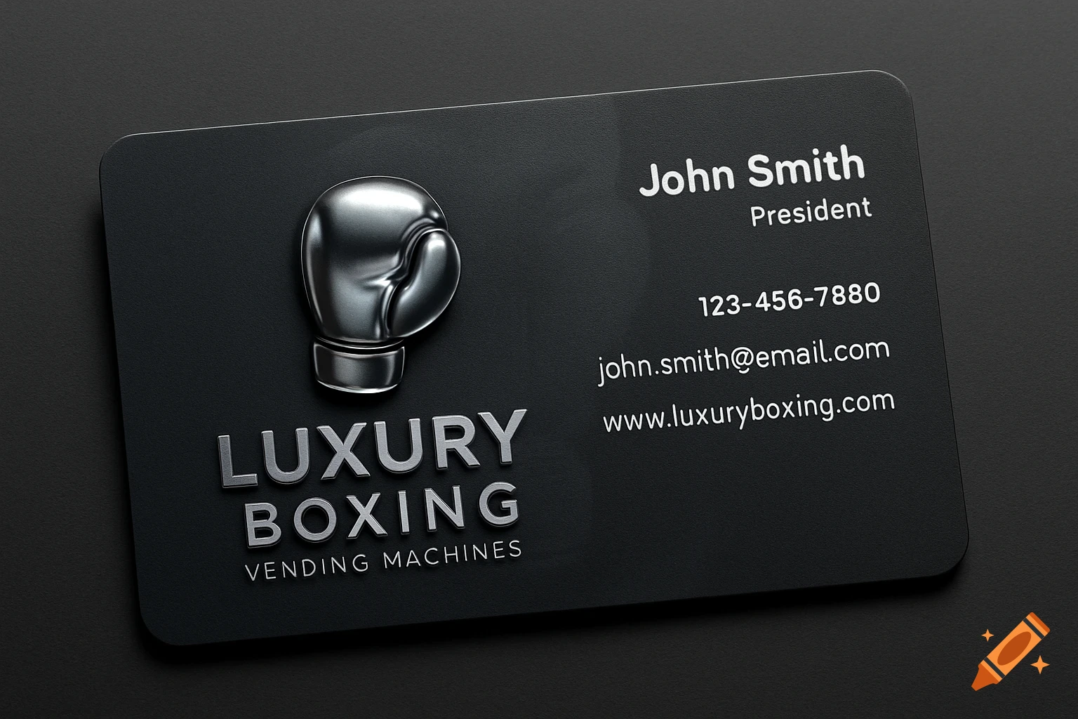 A sleek black business card for Luxury Boxing Vending Machines with a silver boxing glove logo and contact details.