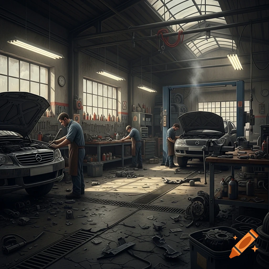 Photorealistic image of a messy, dirty car repair shop with three mechanics working on cars, tools scattered on the floor and shelves.