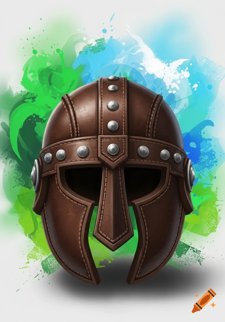 A front view of a cartoony brown leather helmet with metal rivets, set against a vibrant green and blue watercolor splash background.