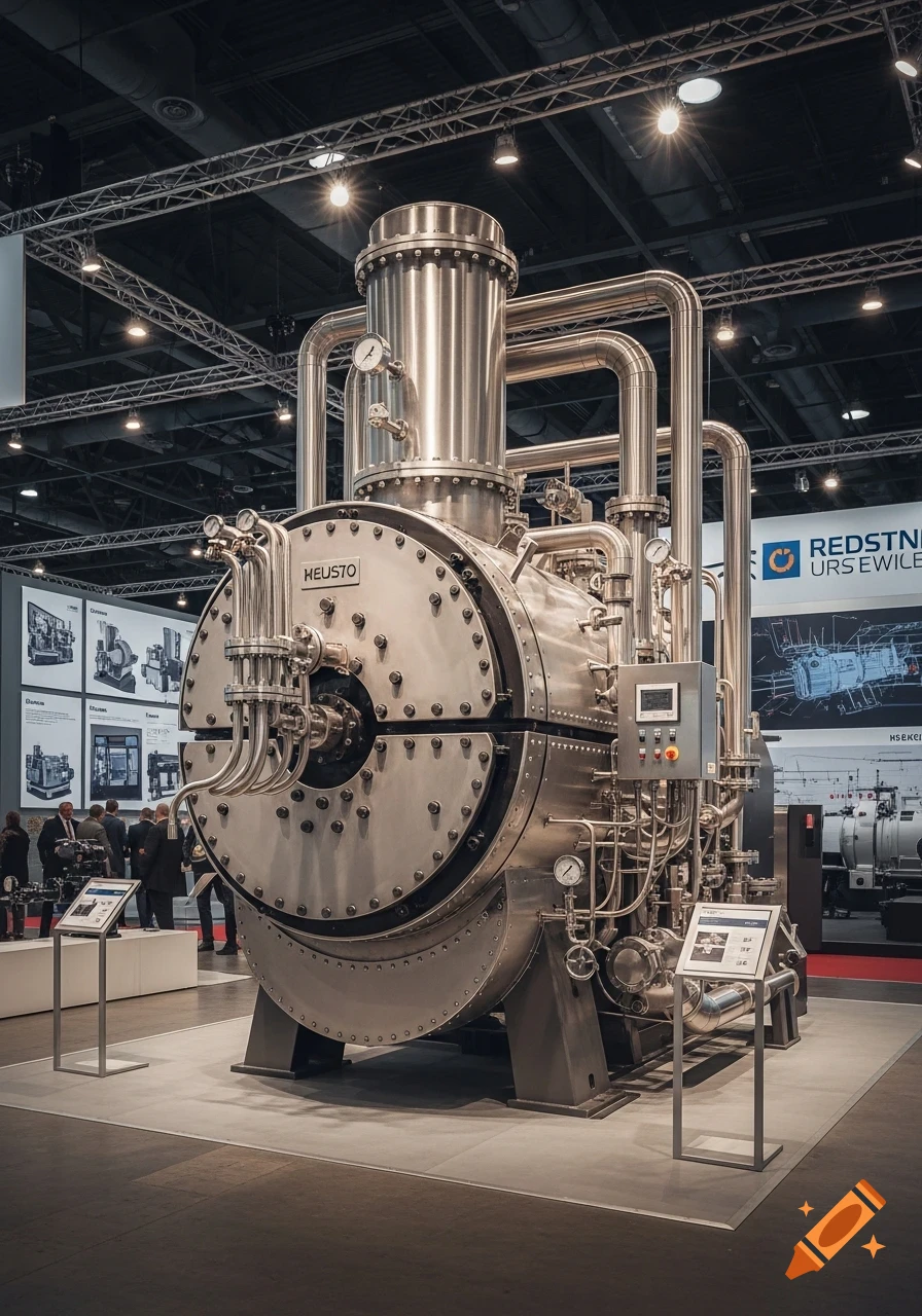 Large silver industrial boiler with intricate pipes and gauges on display at an indoor exhibition hall, with blurred people and signs in the background.