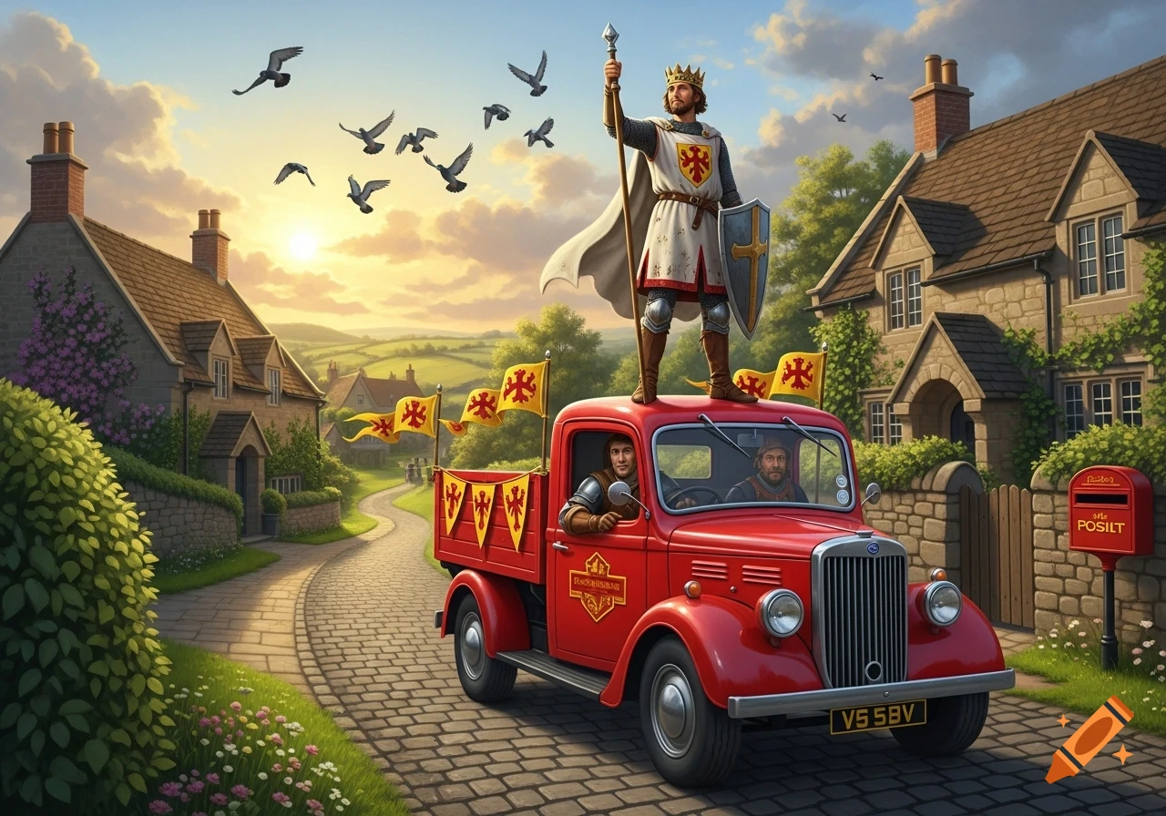 A knight resembling King Arthur stands on a red mail truck driven by two men, on a cobblestone road in a quaint English village at sunset, with birds flying overhead.