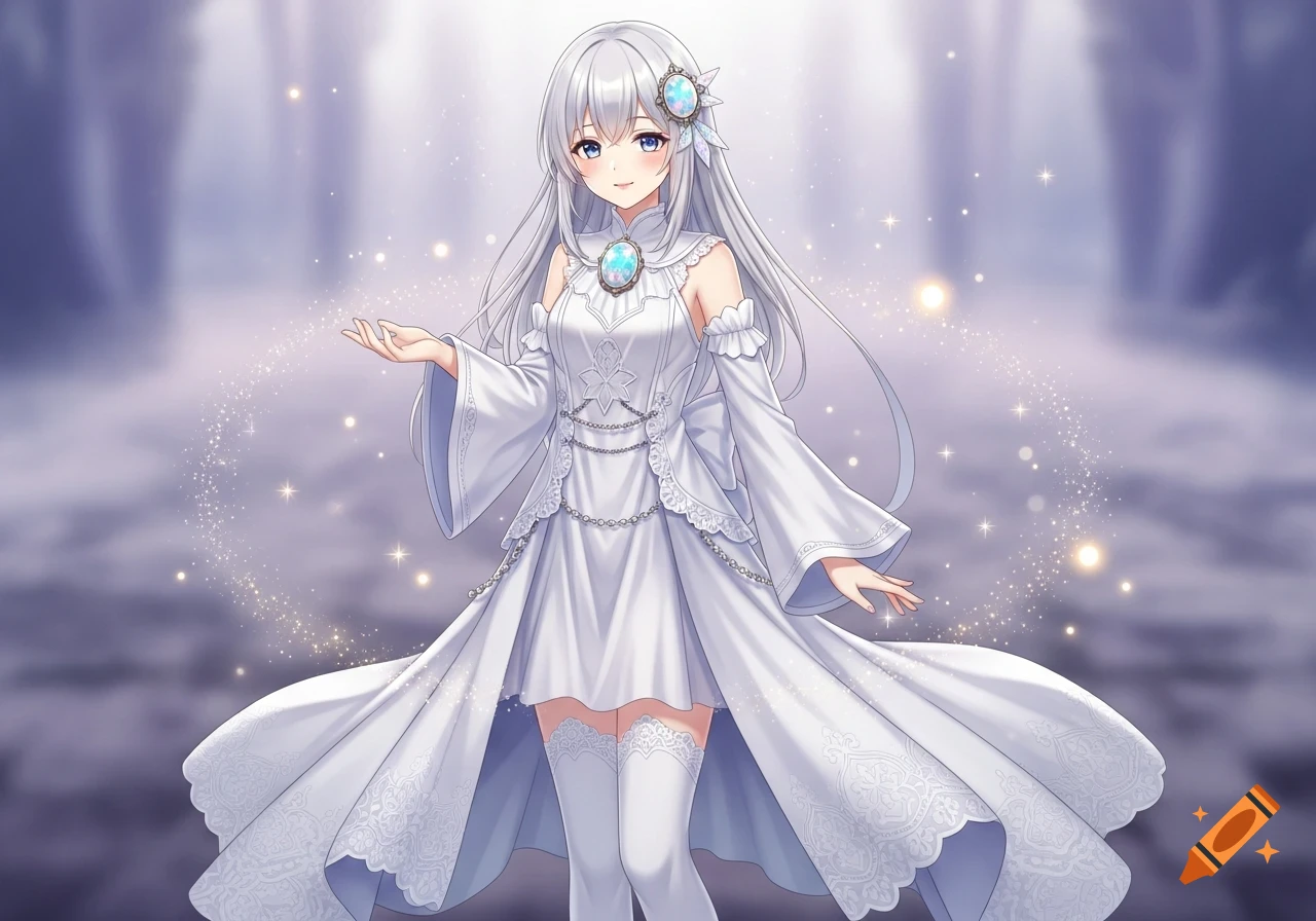 An anime character with long white hair and blue eyes, wearing a white ...
