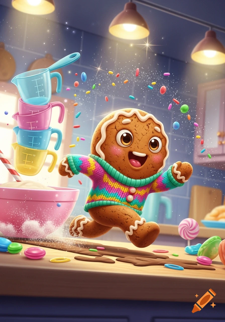 A cute cartoon gingerbread man in a colorful sweater runs across a kitchen counter with baking ingredients, sprinkles, and measuring cups.