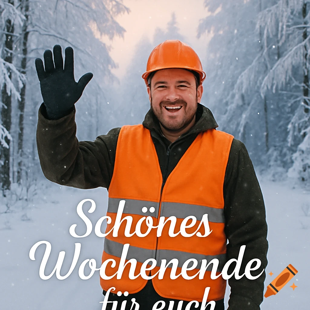 Smiling man in an orange hard hat and safety vest waves in a snowy forest. Text reads: "Schönes Wochenende für euch!"
