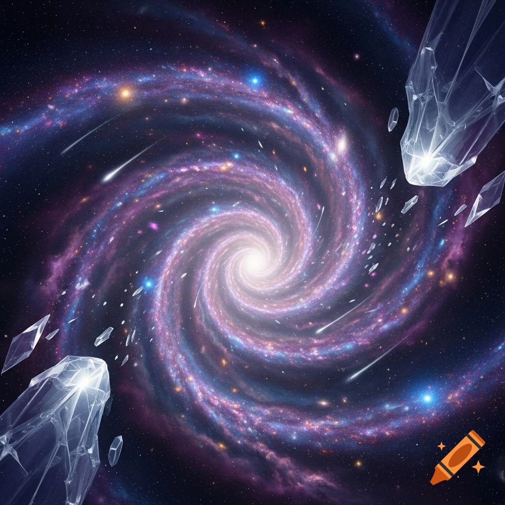 A vibrant, swirling galaxy of purple and blue stars and cosmic dust, with large, glowing crystal formations in the foreground.