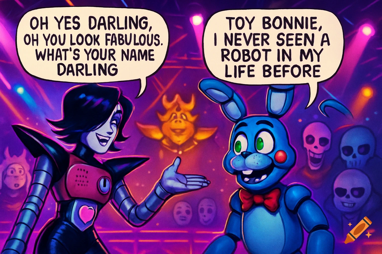 Mettaton from Undertale, in a stage spotlight, greets Toy Bonnie from FNAF. Background characters Toriel, Asgore, Papyrus, and Sans watch in a vibrant cartoon style.