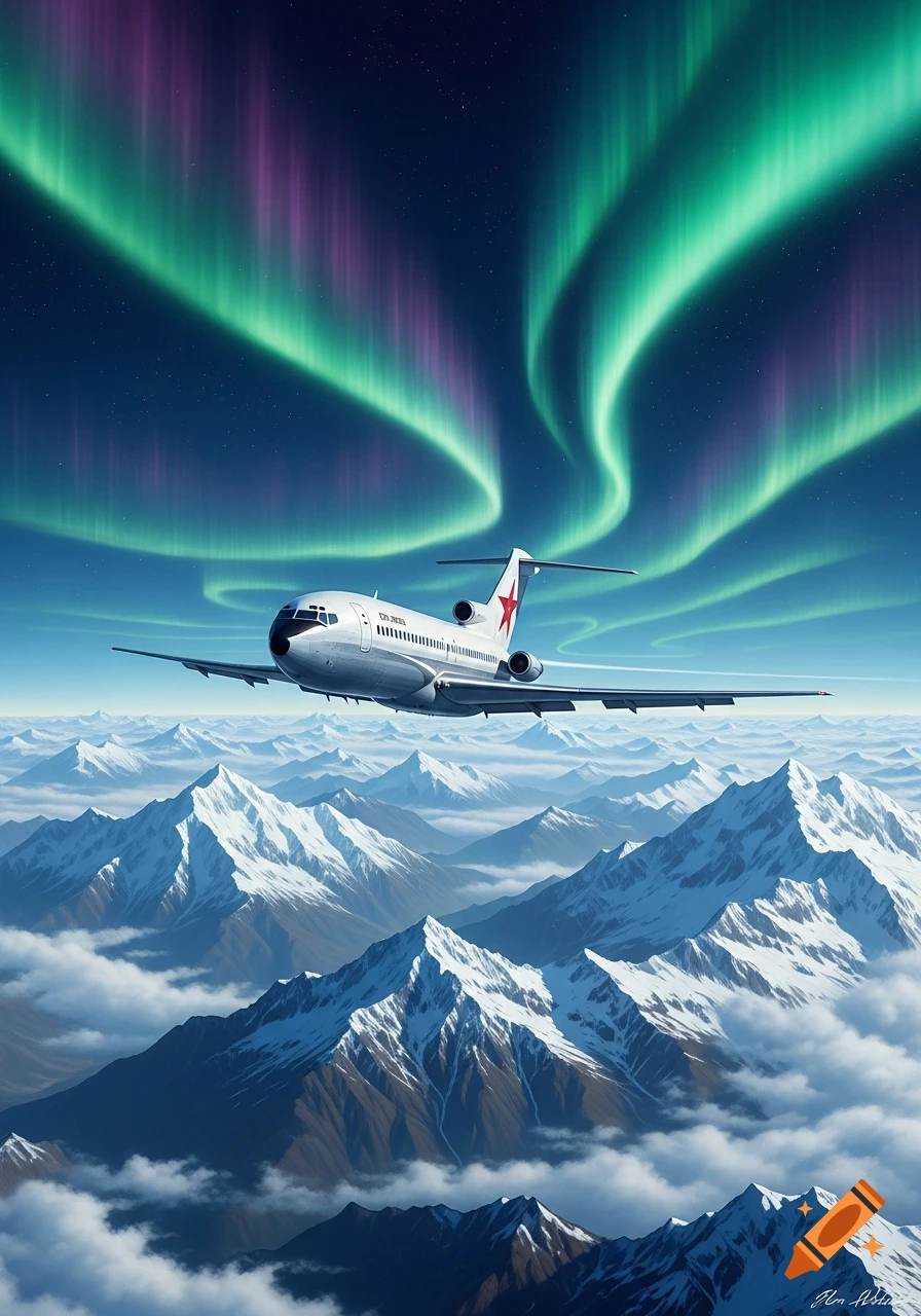 A white Boeing 727 airplane flies above snow-capped mountains under a vibrant green and purple aurora borealis night sky, photorealistic.