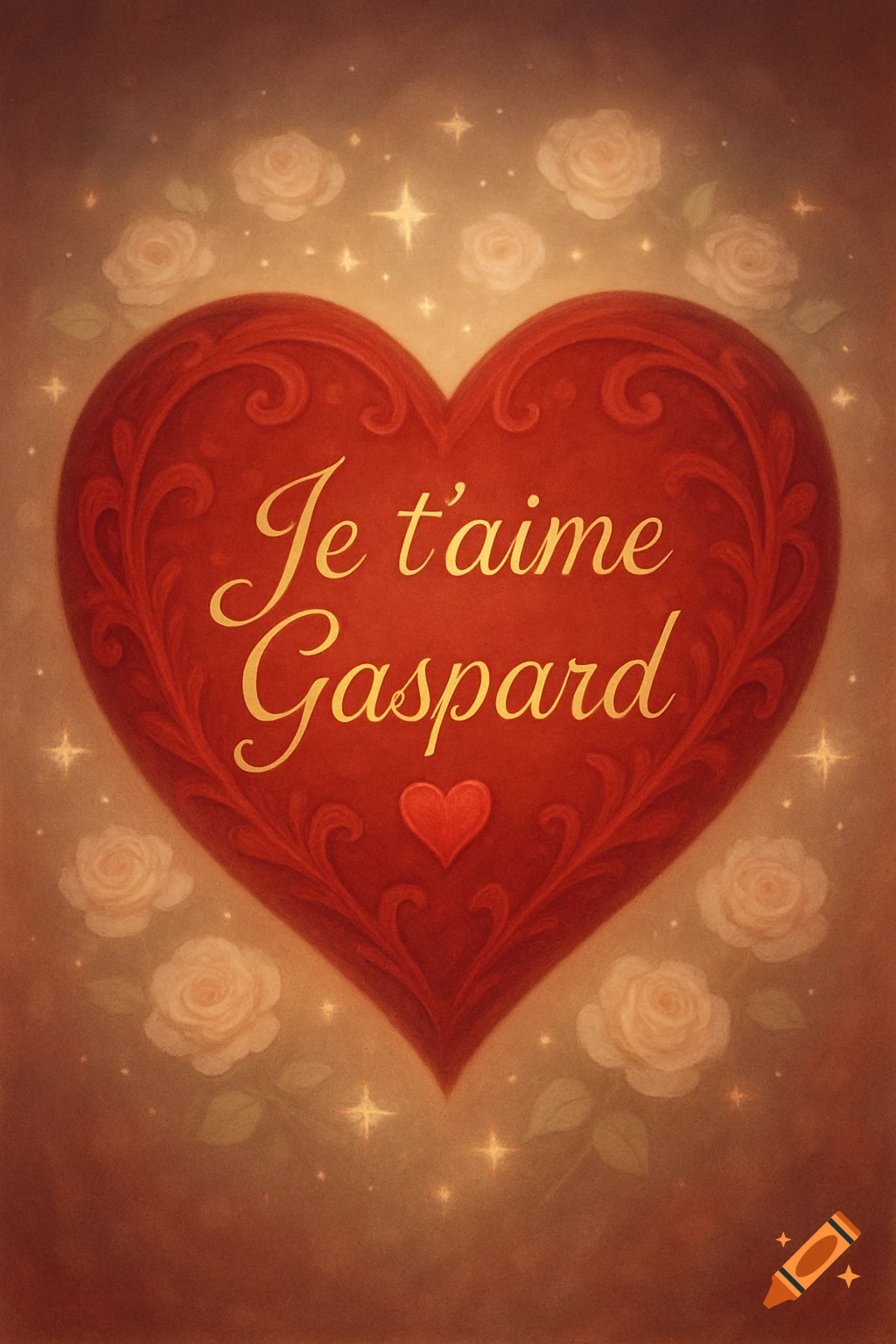 A decorative red heart with the golden text "Je t'aime Gaspard" surrounded by glowing white roses and sparkles on a warm background.