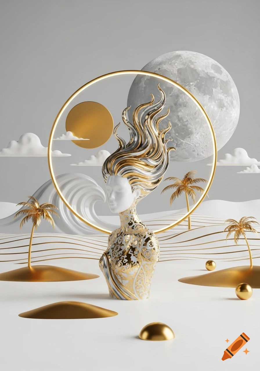 A stylized gold and platinum sculpture of a woman's bust with flowing metallic hair in a minimalist white and gold desert landscape under a moon and sun.