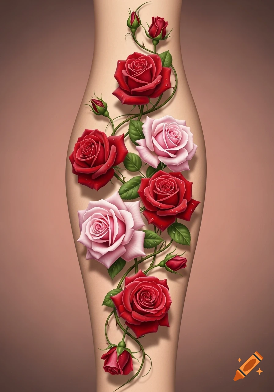 Realistic red and pink roses with green vines forming an elongated tattoo design on a light-skinned surface.