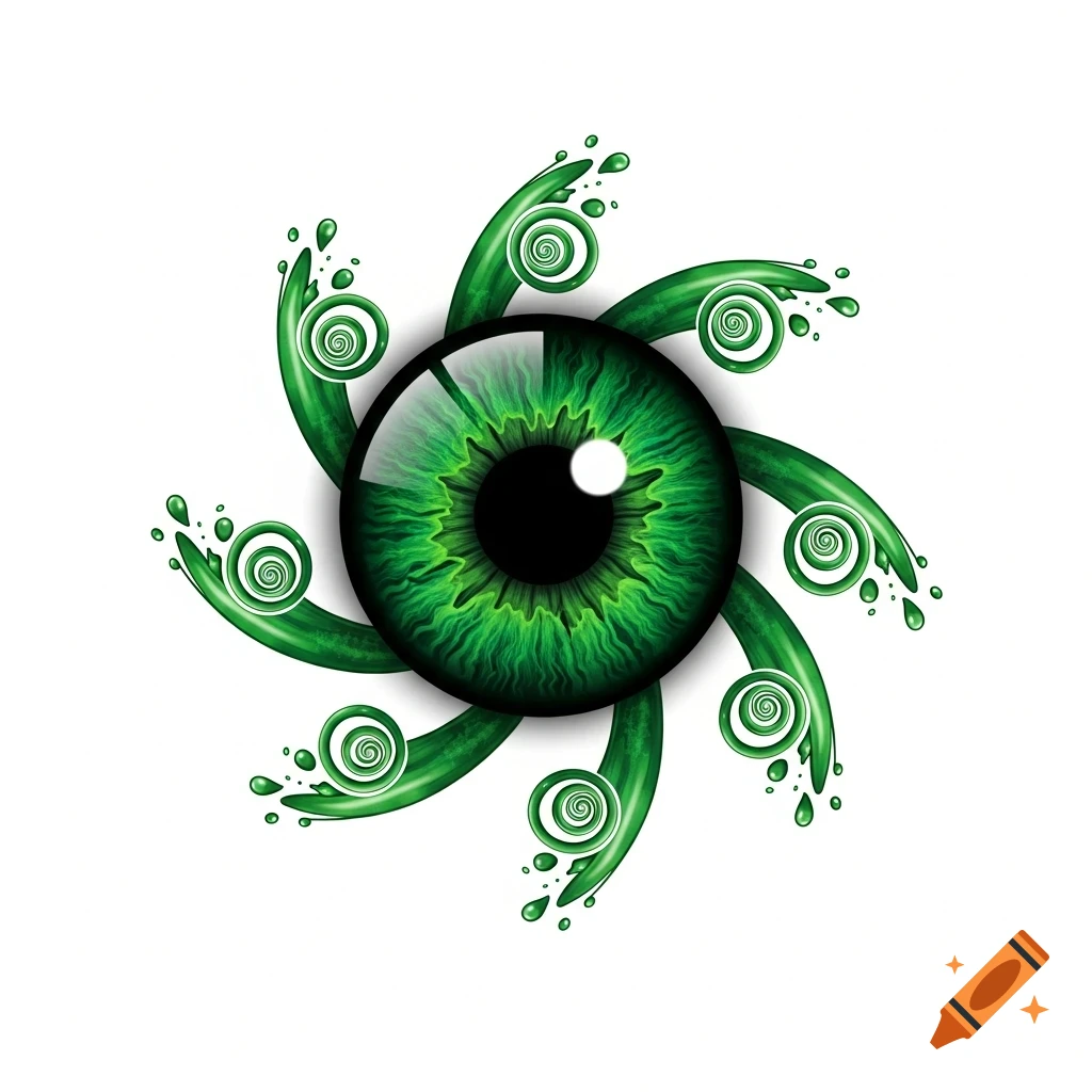 A stylized emerald green eye with a black pupil, surrounded by six green spiral comet shapes with droplet tails on a white background.