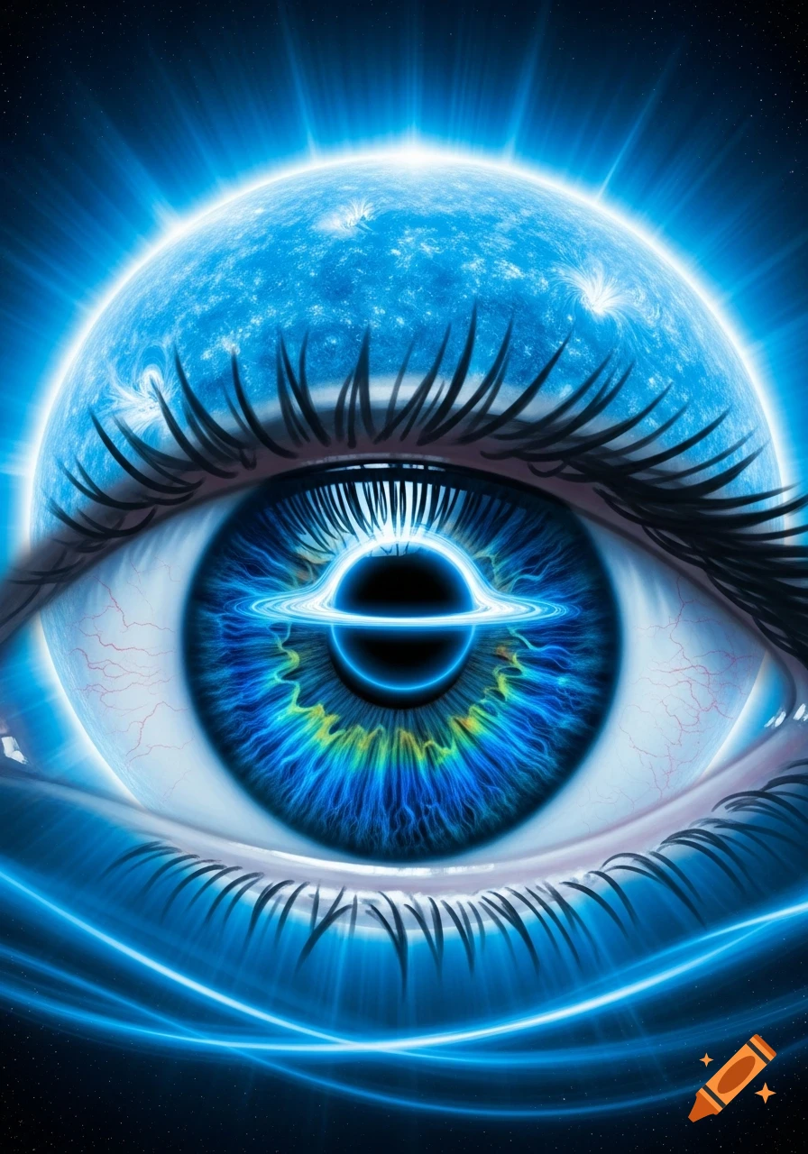 A surreal close-up of a glowing blue eye, with a black hole in its iris and a blue giant star as its sclera.