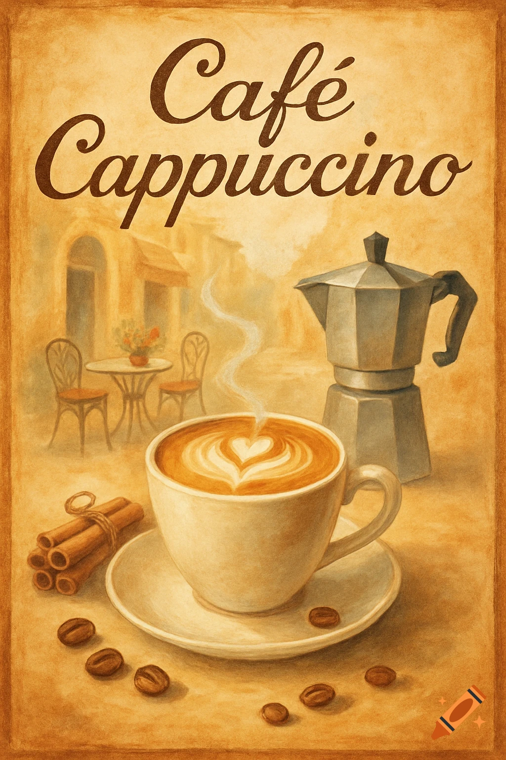 Vintage cafe poster with a cappuccino, moka pot, cinnamon sticks, and coffee beans on a table. Text: 'Café Cappuccino'.