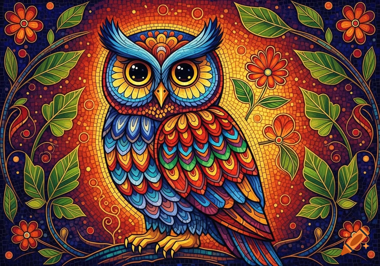 A vibrant folk art mosaic depicts a colorful owl with large eyes, perched on a branch amidst leaves and flowers.