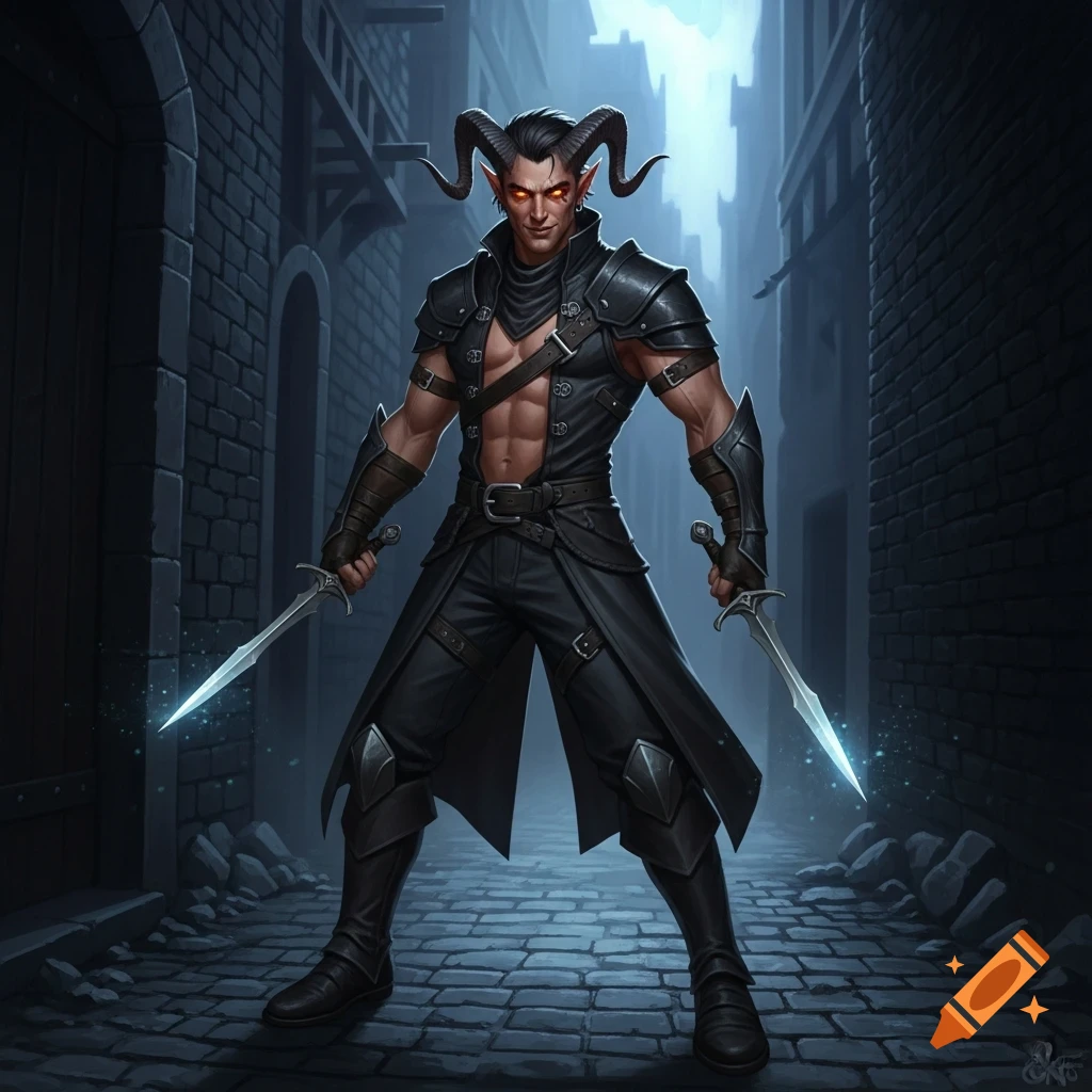 A muscular male tiefling rogue with curved horns, glowing red eyes, and a confident expression, holding two daggers in a dark alley.