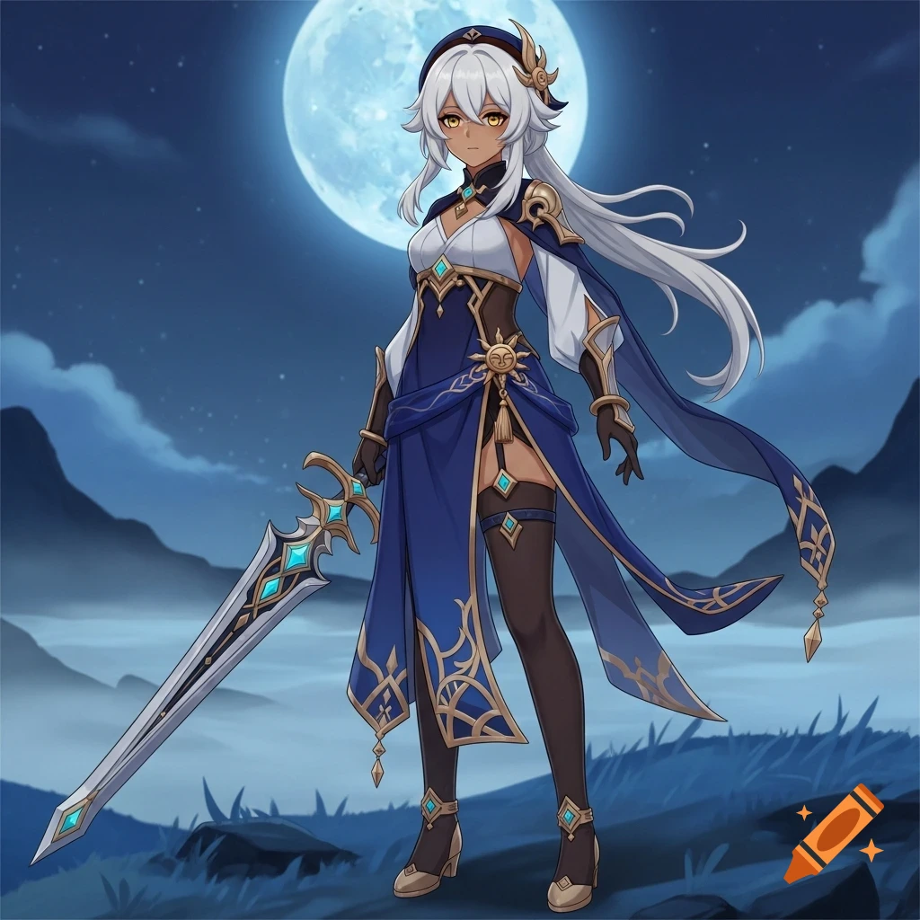 A dark-skinned anime character with long white hair and golden eyes stands with a sword in a blue outfit under a full moon.