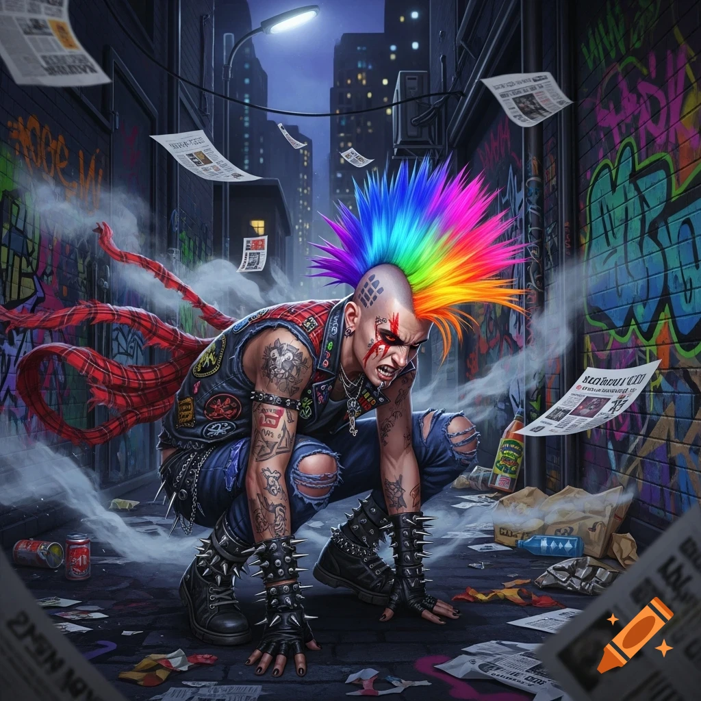A punk rocker with a rainbow mohawk, tattoos, and spiked clothing crouches in a graffiti-filled alley at night, surrounded by discarded newspapers.