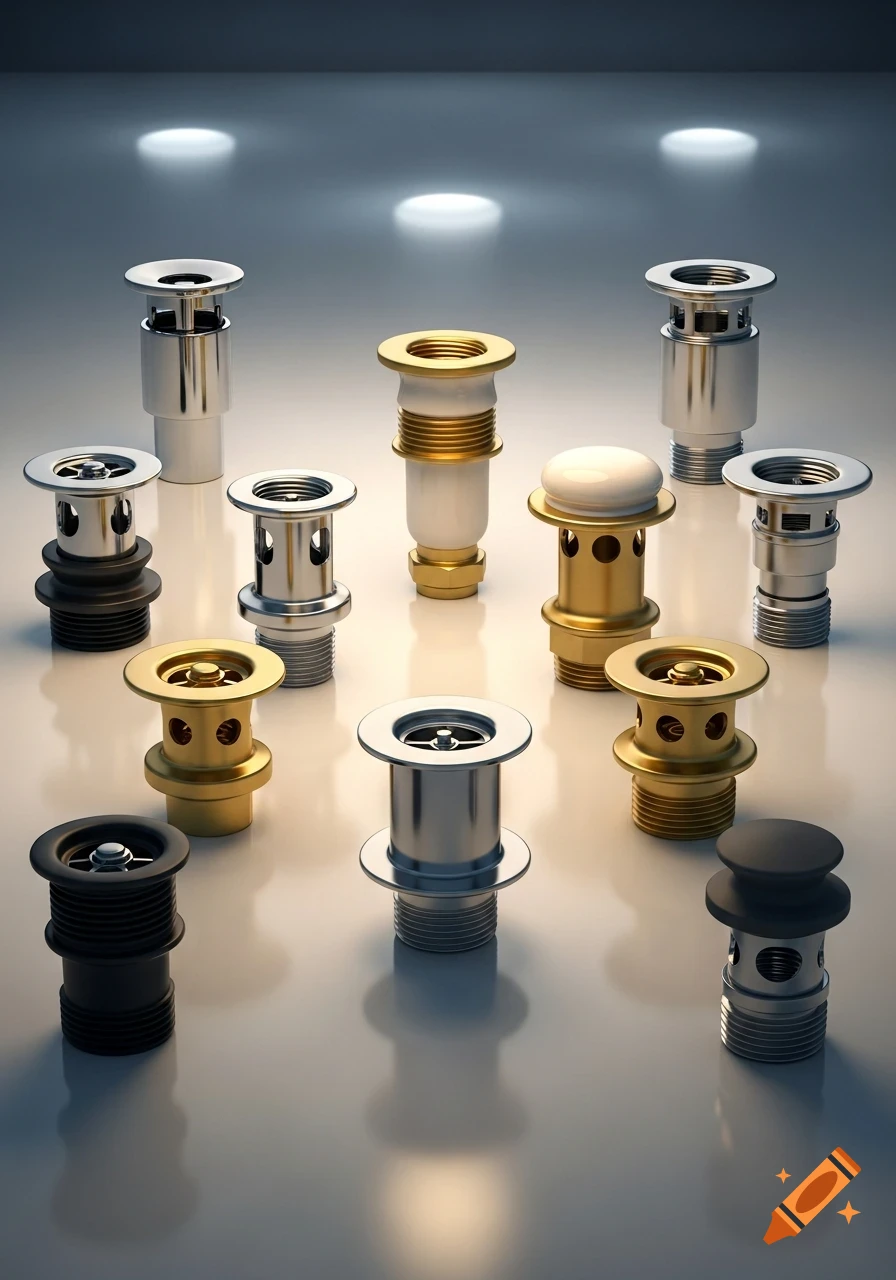 Various chrome, brass, and black drain plugs of different designs displayed on a reflective surface with overhead lighting.