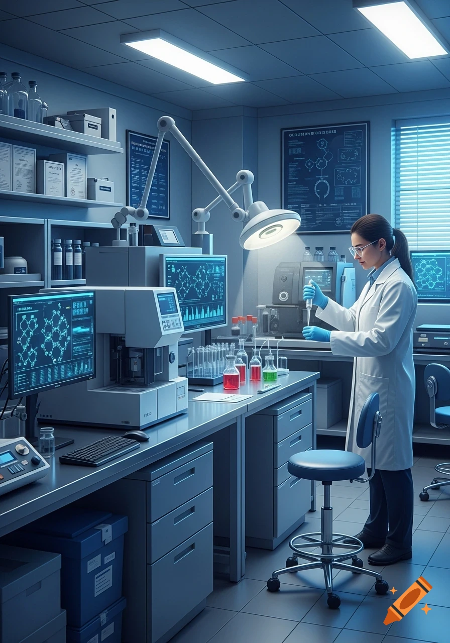 Female scientist in a white lab coat and gloves pipetting in a modern, blue-toned science laboratory with monitors and equipment.