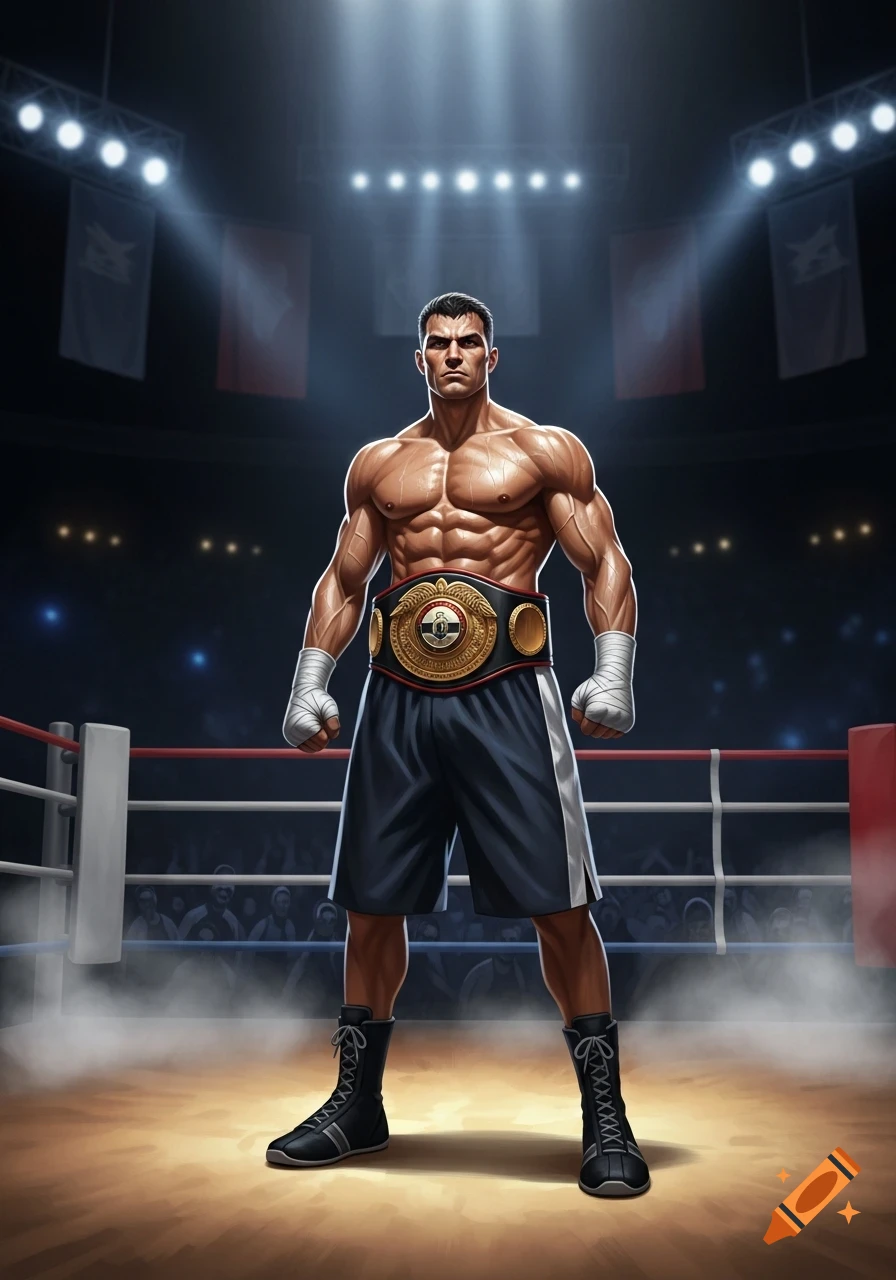 A muscular boxer with a championship belt stands in a brightly lit boxing ring, looking determined.