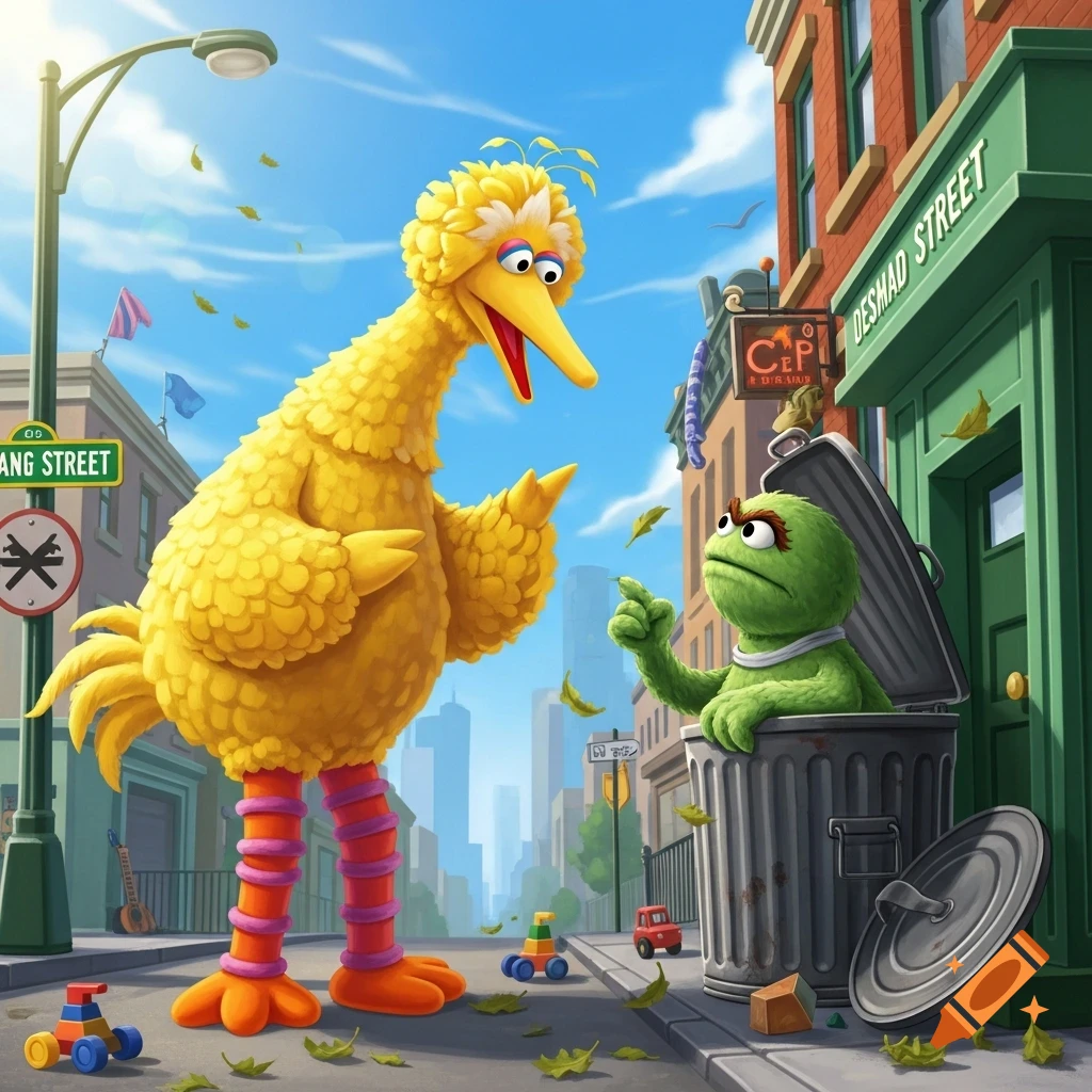 Big Bird looks at Oscar the Grouch, who is in a trash can pointing, on a sunny, cartoon city street with falling leaves.