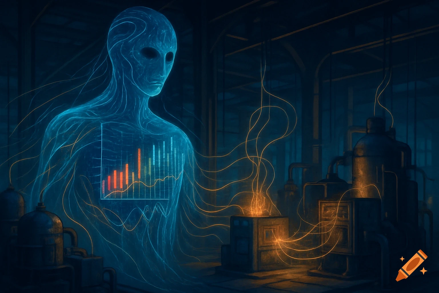 Ethereal blue humanoid figure with a data graph on its chest, connected by glowing lines to industrial machinery in a dark, futuristic setting.
