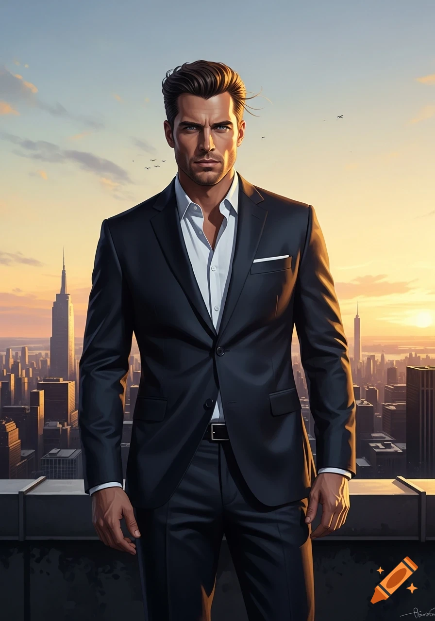 A man in a dark suit and white shirt stands on a rooftop overlooking a city skyline at sunset, with a clear sky.