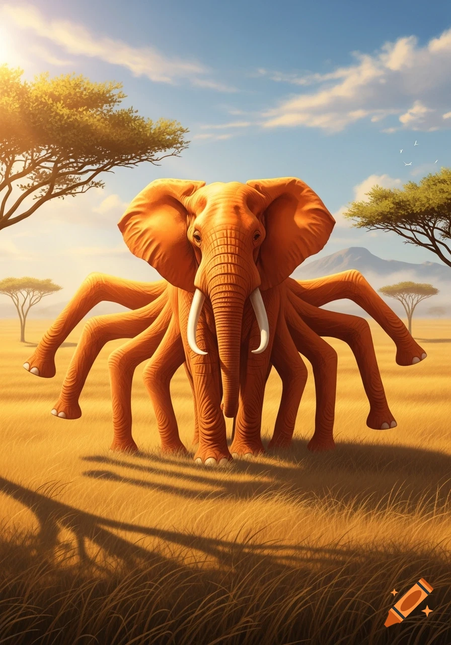 An orange elephant with eight legs stands in a golden savanna with acacia trees under a blue sky.