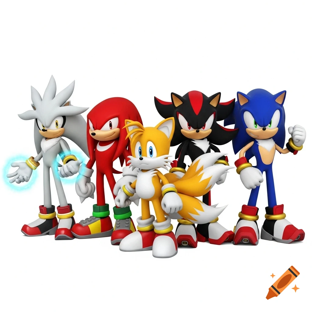 Silver, Knuckles, Tails, Shadow, and Sonic the Hedgehog stand together in a 3D animated style.