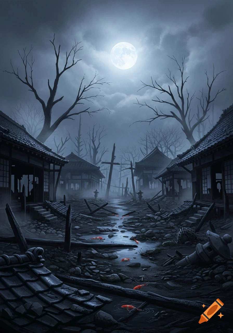 Eerie Japanese village ruins at night under a full moon, with bare trees, dilapidated houses, and koi fish in a stream.