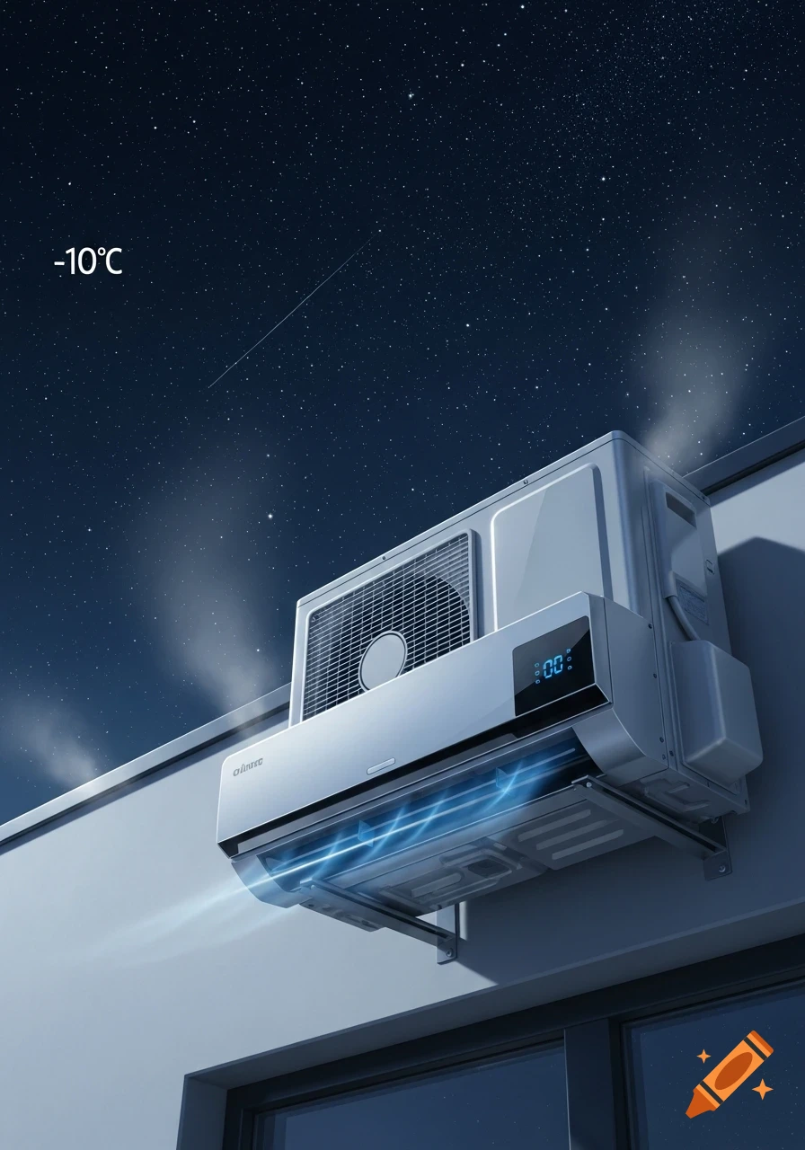 Photorealistic image of an outdoor split air conditioning unit at night, under a starry sky, displaying -10\u00b0C.