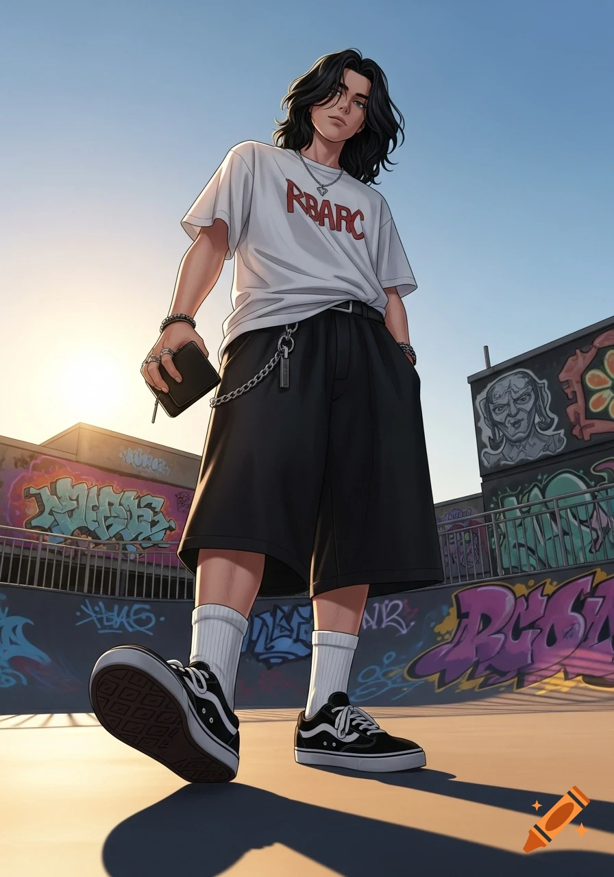 Anime-style young man with long black hair wearing a white t-shirt and baggy shorts stands in a graffiti-covered skate park.