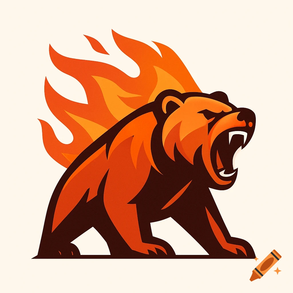 Stylized orange bear logo roaring with flames on its back against a light background.