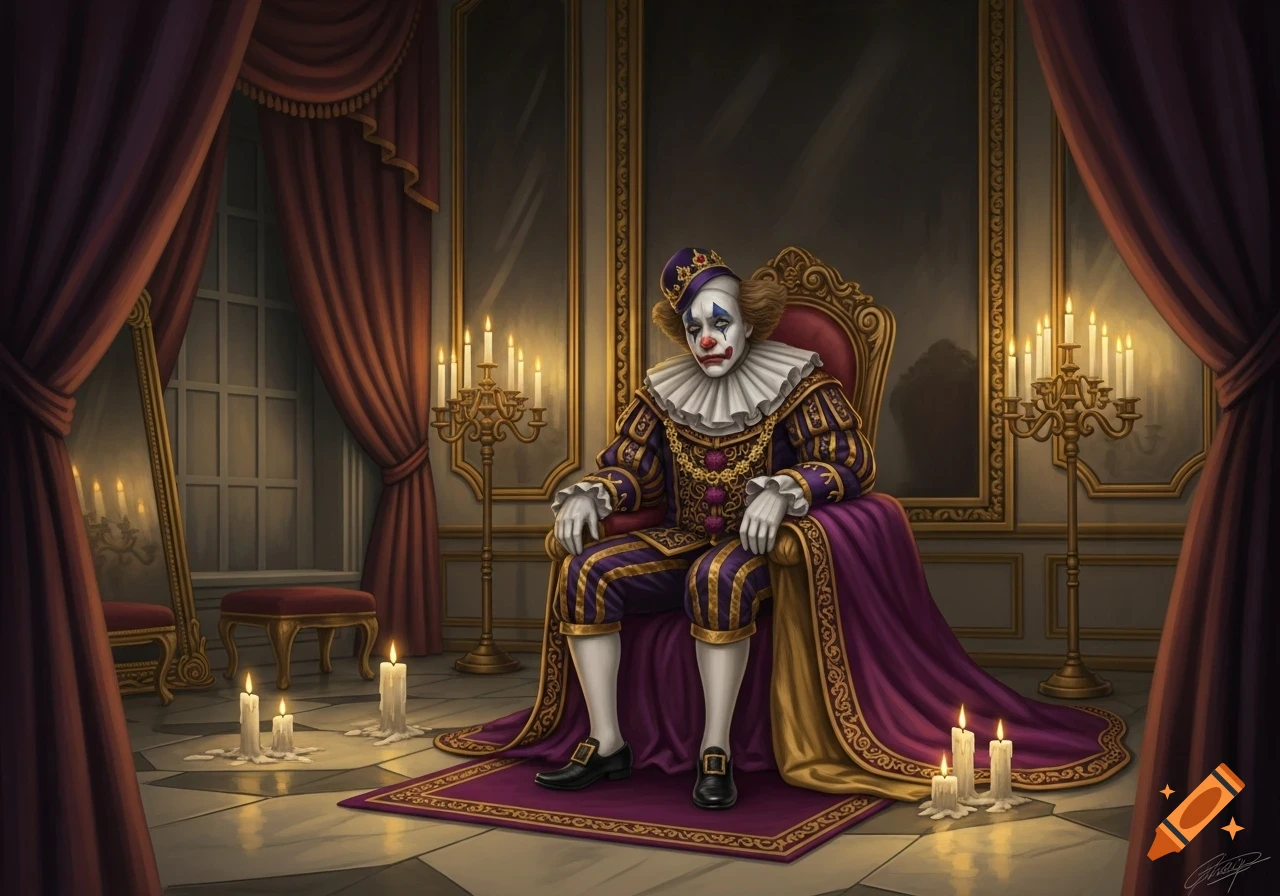 A sad clown in elaborate purple and gold royal attire sits on a throne in a dimly lit, ornate room with candles and mirrors.