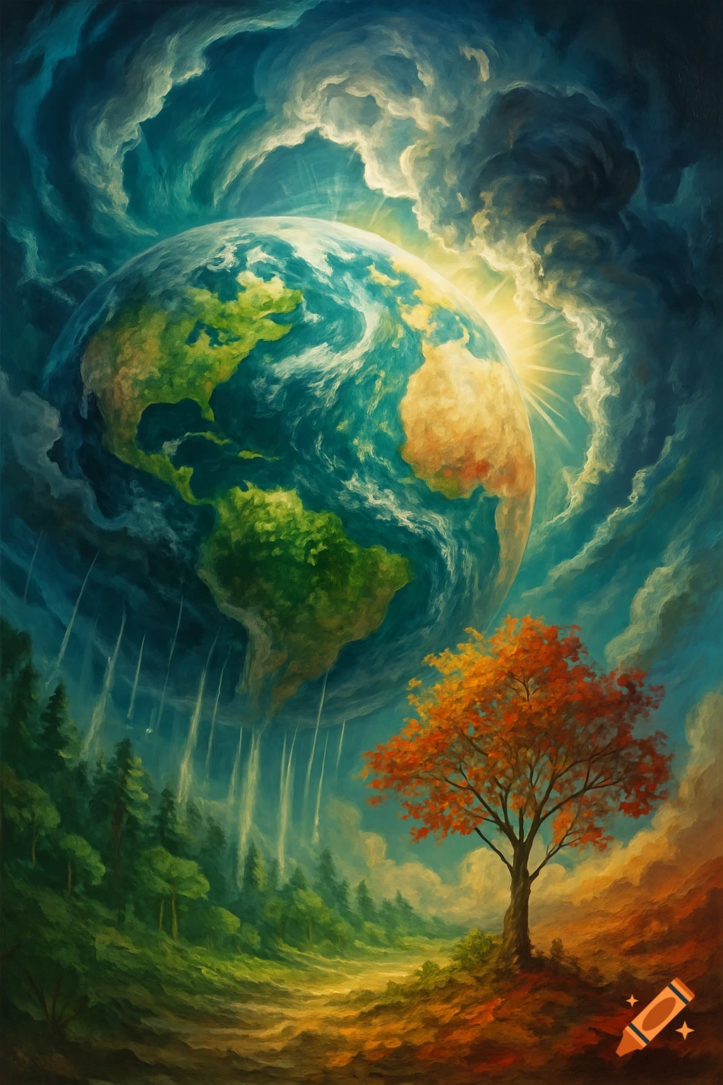 A vibrant, painterly scene depicting Earth above a forest with a fall-colored tree and waterfalls, under a stormy yet sunlit sky.