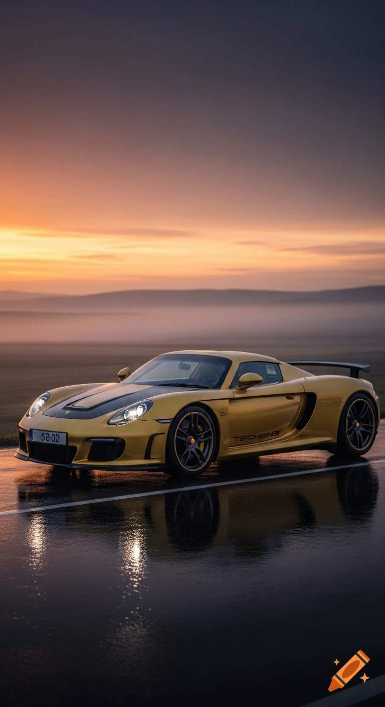 A golden Porsche sports car on a wet asphalt road at sunset, reflecting the vibrant orange sky, with mountains in the background.
