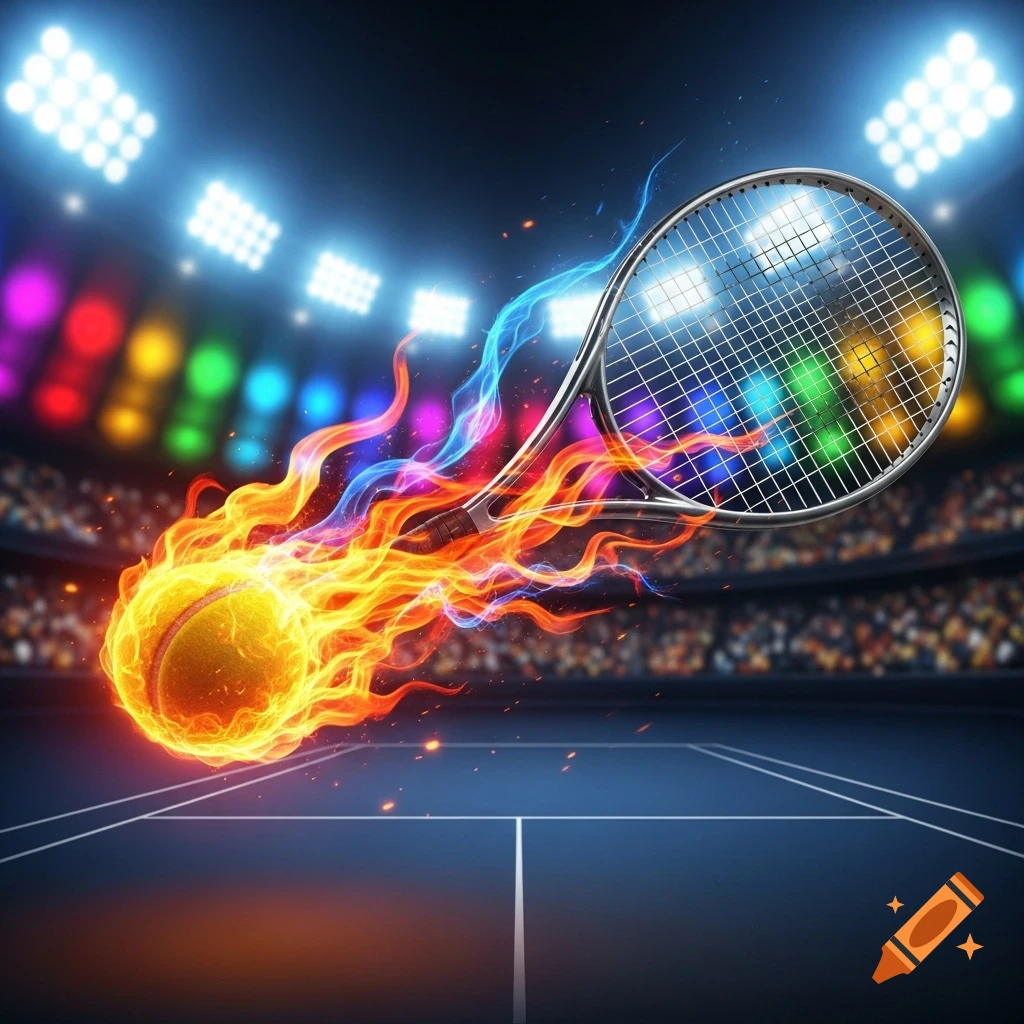 A fiery tennis ball and racket move dynamically across a tennis court under colorful stadium lights.
