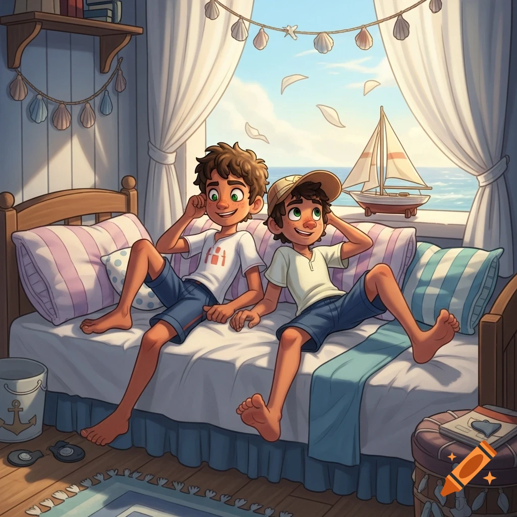 Two cartoon boys, resembling Luca and Alberto, lounge barefoot on a bed in a coastal-themed room with a sailboat visible outside the window.