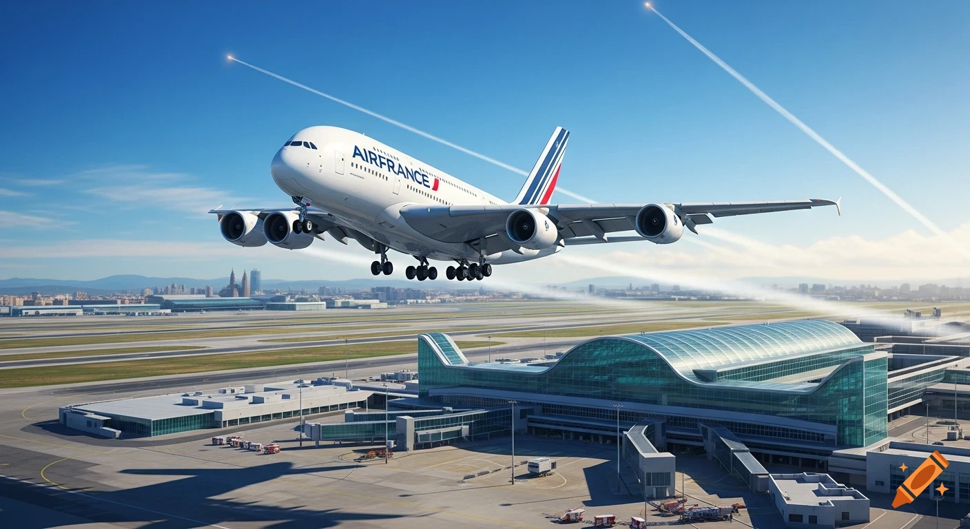 A large white Air France Airbus A380 airplane is ascending from a modern airport runway, with a glass terminal and a city skyline under a clear blue sky.
