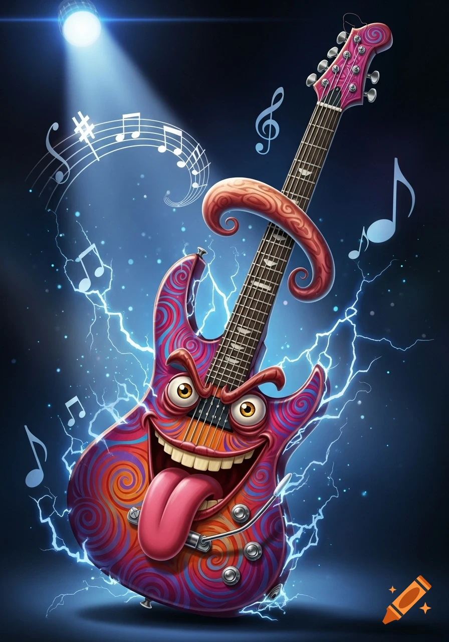 A vibrant cartoon electric guitar with a crazy, wide-mouthed face, googly eyes, and a long tongue, surrounded by lightning and musical notes.