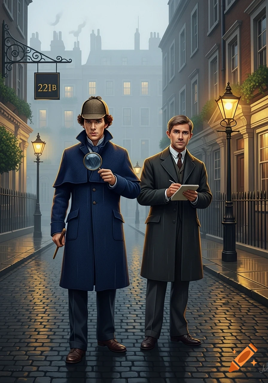 Two men dressed as Sherlock Holmes and Dr. Watson stand on a foggy, cobblestone London street at night.